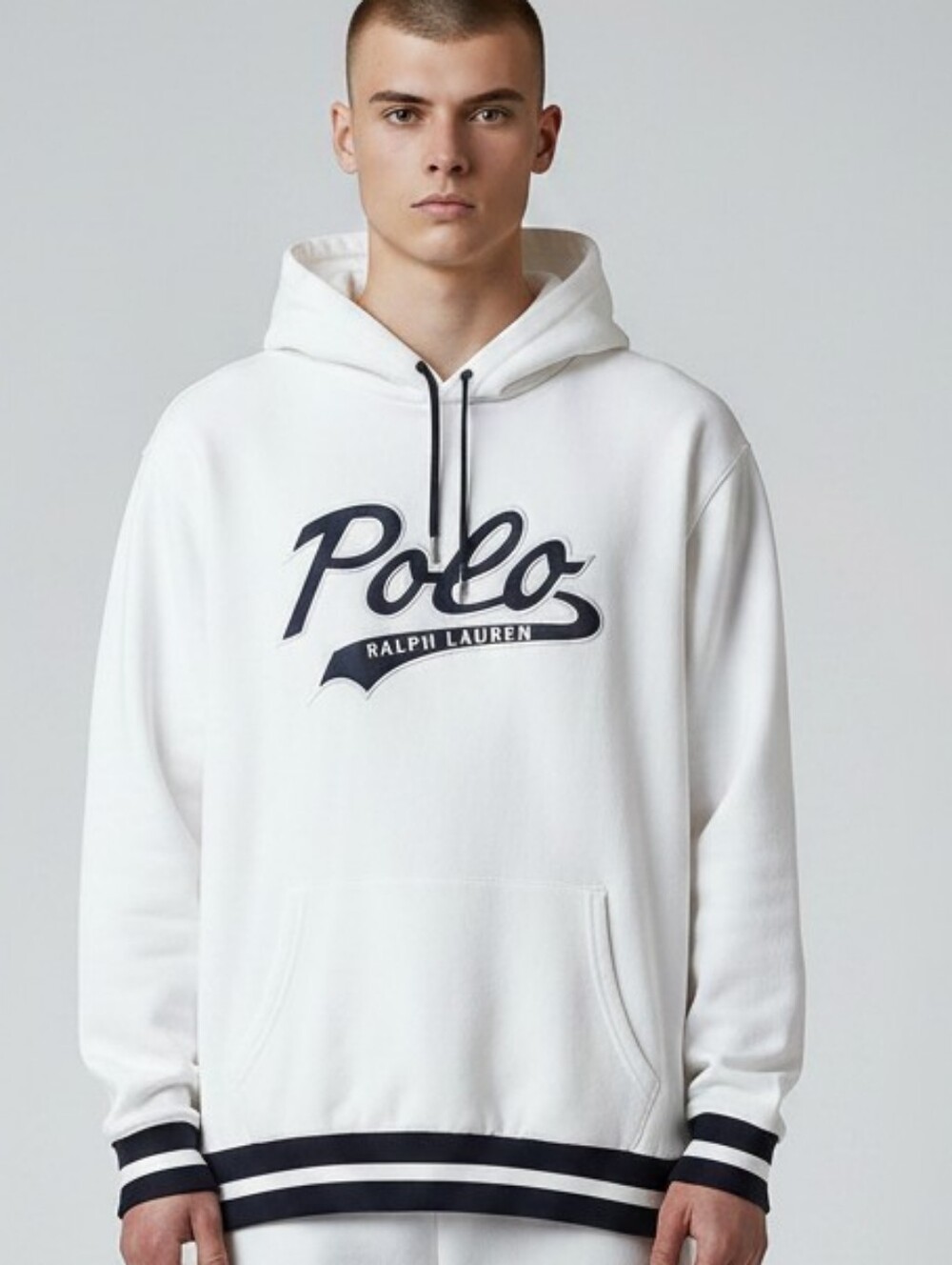 Polo by Ralph Lauren White Hoodie with Navy & Metallic Script Striped Hem Cuffs